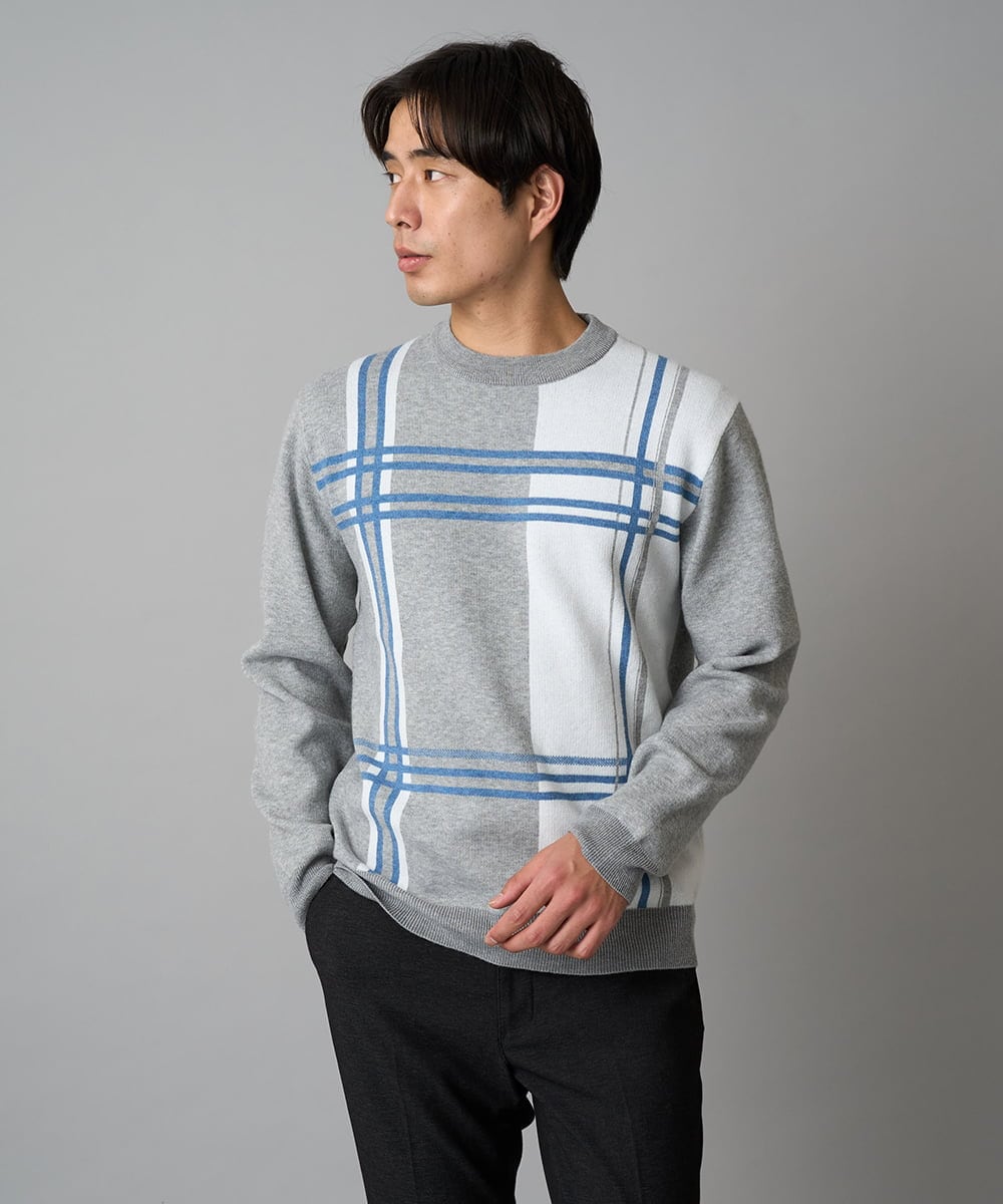 洗濯機で洗える】チェックジャカードクルーネックニット(ニット